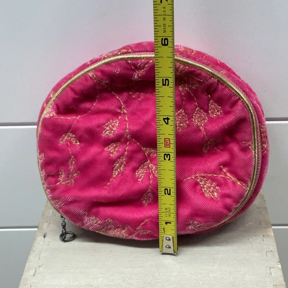 Vintage Ann Seton Hot Pink Velvet Gold Embroidered Travel Jewelry Case Organizer